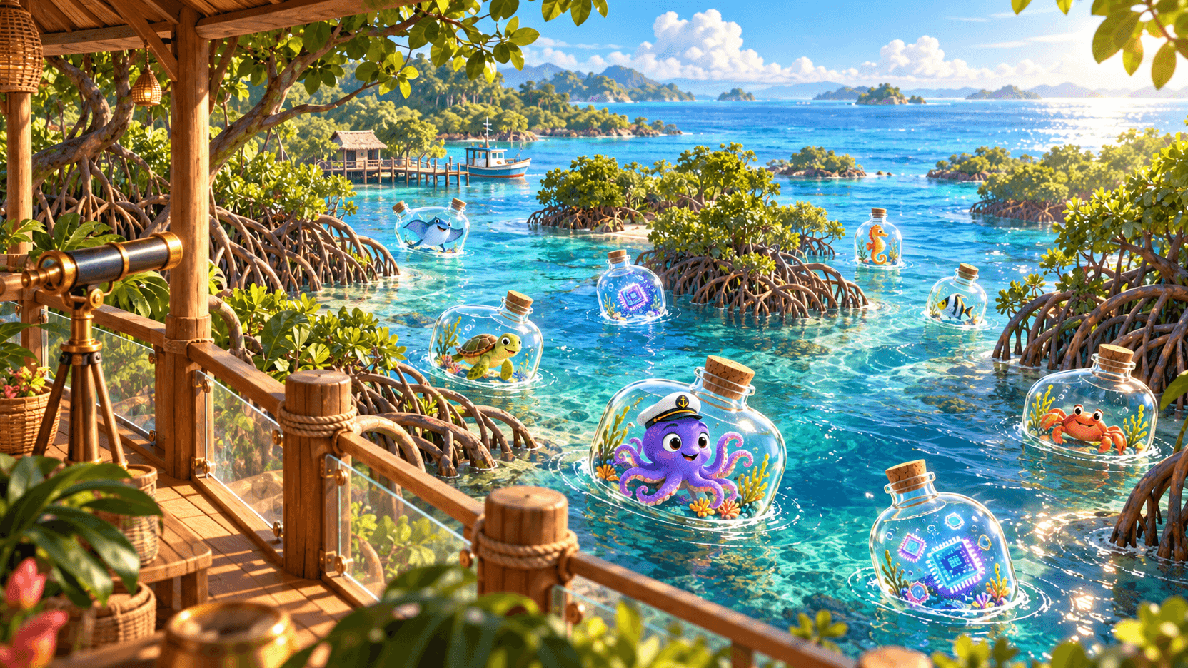 A mangrove observatory looks across tidal channels toward open water and bottle worlds.