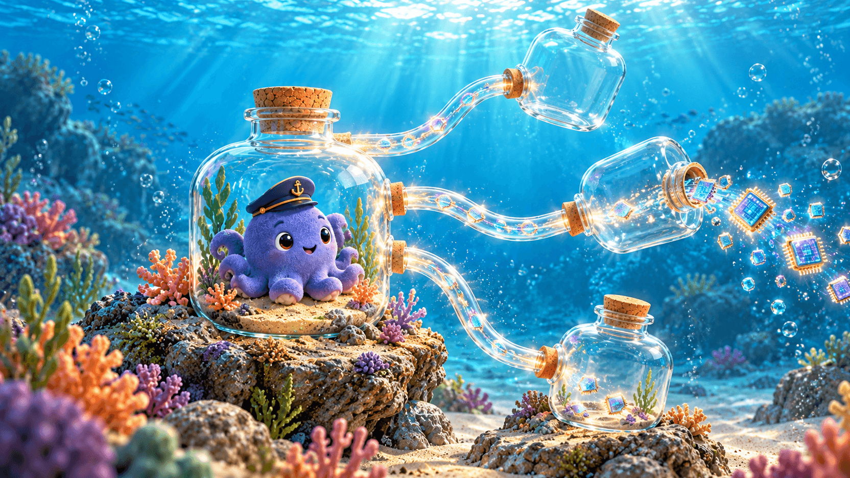 A Dumpla bottle connects to abstract compute cores among coral and bottle worlds.